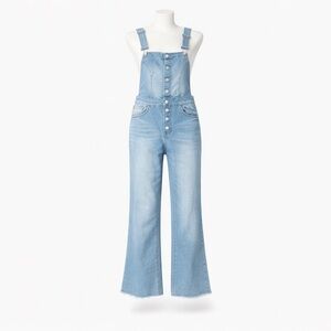 Size M Wax Jean Women Button Front Denim Overalls Cropped Flare Raw Hem Blue